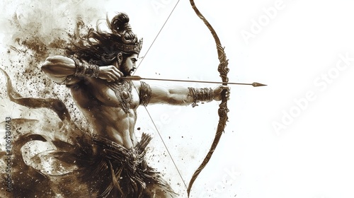Lord Rama aiming his bow at ten-headed Ravana, white background