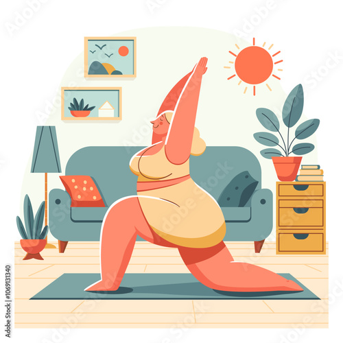 Plus size woman practicing yoga at home. Vector illustration flat style.