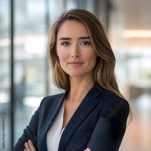 A professional headshot of a confident businesswoman, captured with natural lighting and a blurred office background, highlighting a polished and self-assured demeanor.