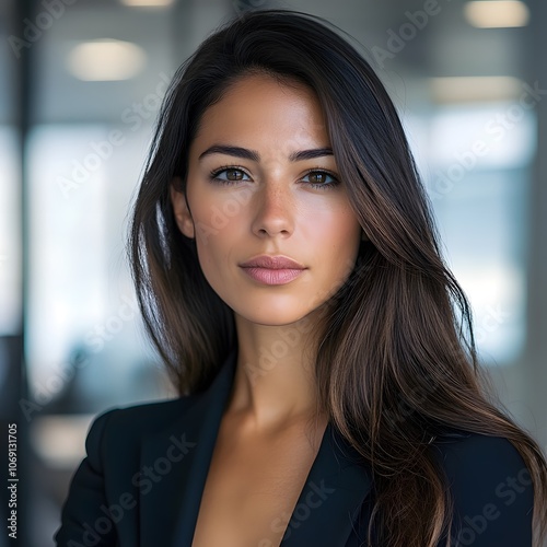 A professional headshot of a confident businesswoman, captured with natural lighting and a blurred office background, highlighting a polished and self-assured demeanor.