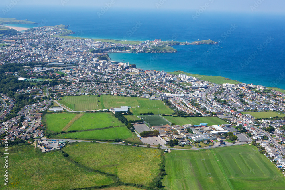 Aerial view of the coastal town of Newquay and surf mecca of Fistral beach