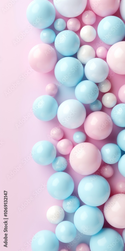Vibrant Colorful Spheres on Pastel Background. Bubble Gum. Abstract 3D Render with Empty, Blank Space for Text, Design