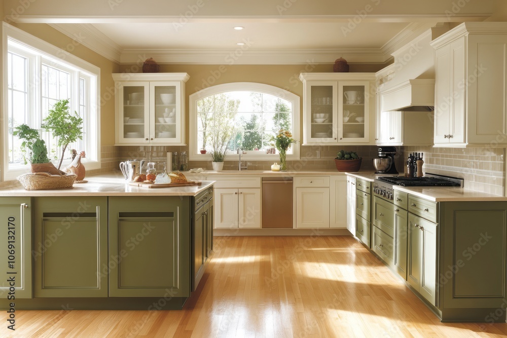 Fototapeta premium Modern Kitchen with Green and White Cabinets and Arched Window