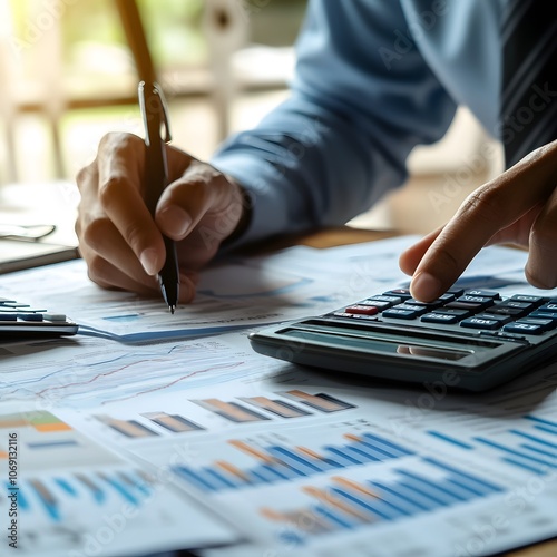 A professional meticulously reviewing financial documents, with a calculator and charts on the desk photo