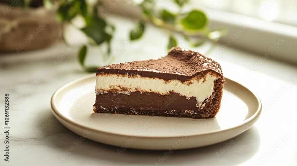 A delicious slice of chocolate cake and cream on a light beige plate in front of a bright window