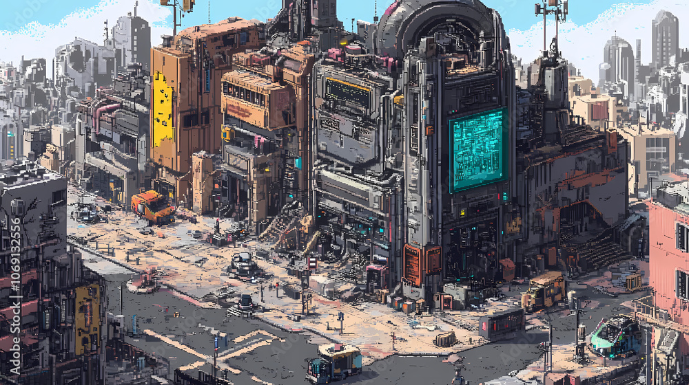 Isometric pixel art of cyberpunk city. Cyberpunk. Illustration Isometric pixel art of cyberpunk city. Cyberpunk. Illustration