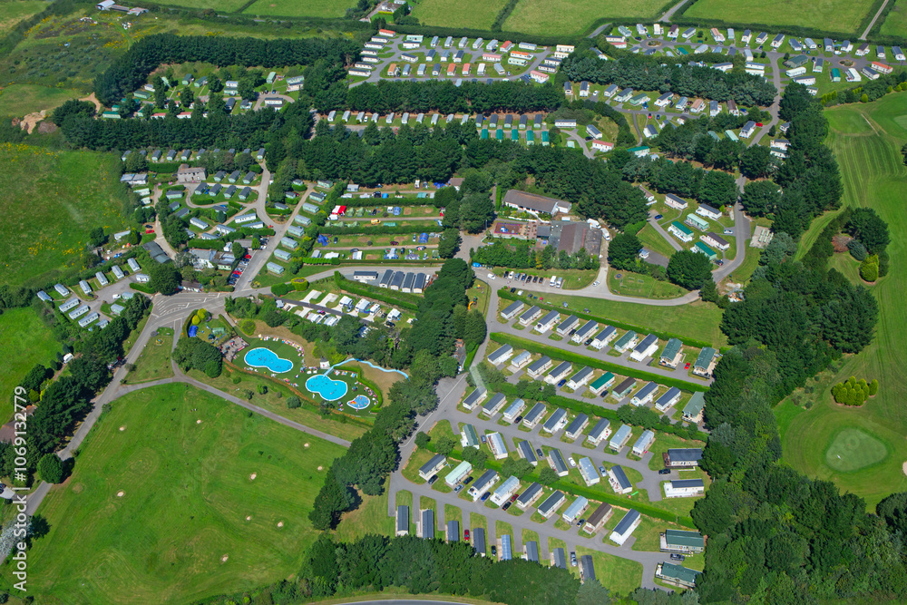 Aerial view of caravan lesure park in Cornwall in South West England