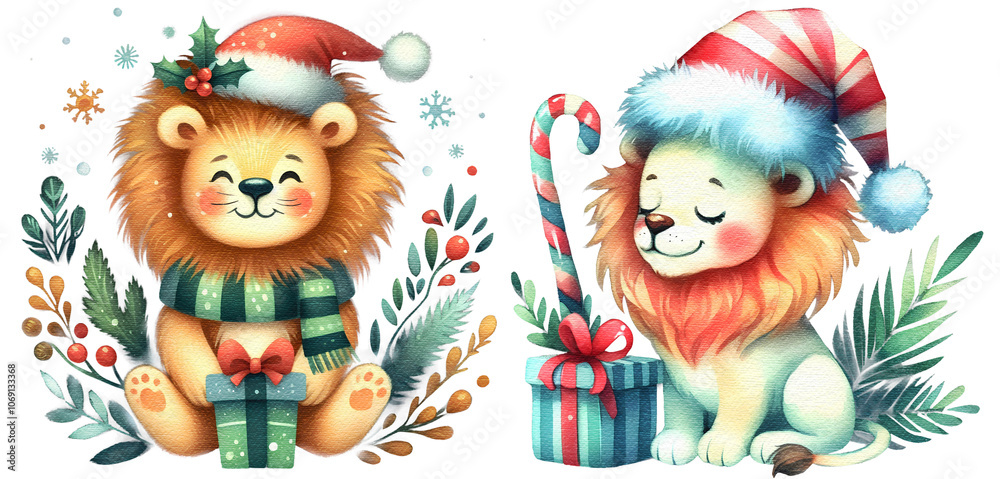 Obraz premium Christmas lion watercolor painting cutout png clip art transparent background