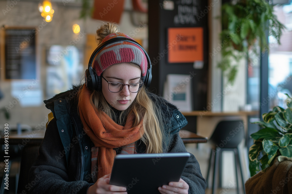 Female student studying with a tablet and headphones in modern cafe setting,film style. Female student studying with a tablet and headphones in modern cafe setting,film style.