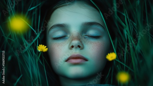 A serene close-up of a child's face lying in grass with closed eyes, surrounded by yellow flowers, This image captures tranquility and innocence, suitable for themes of peace, childhood, or nature,