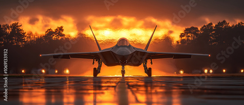 A F-20 fighter jet on the tarmac with the sun setting in the background photo