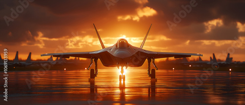 An F-20 fighter jet stationed on the tarmac, with the sun setting in the background, casting a dramatic glow. photo