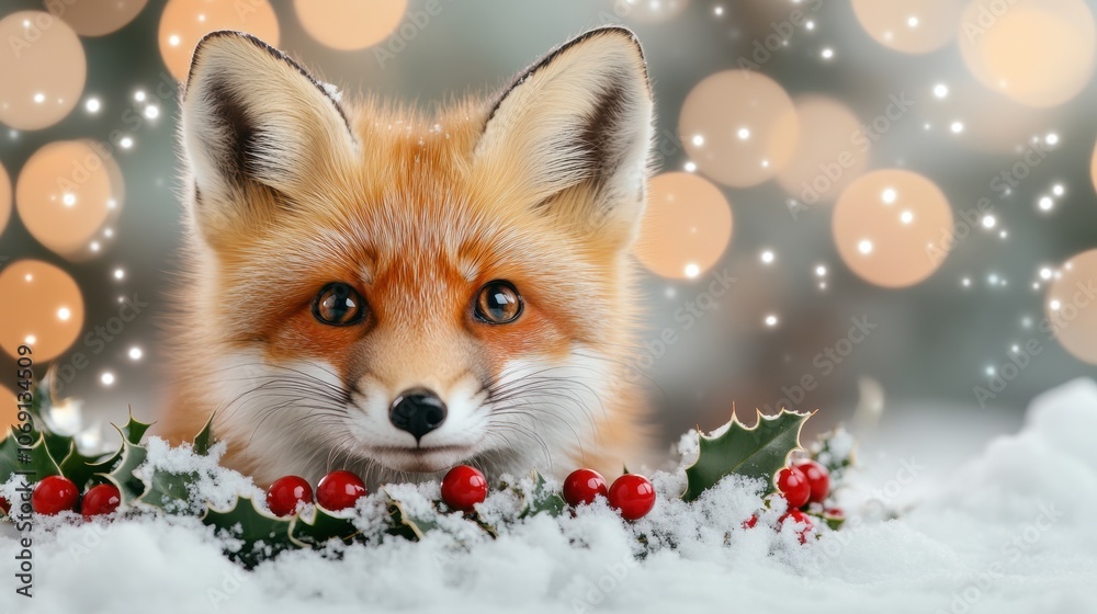 Obraz premium Young fox peeks through snow with festive holly and berries, surrounded by bokeh lights, AI