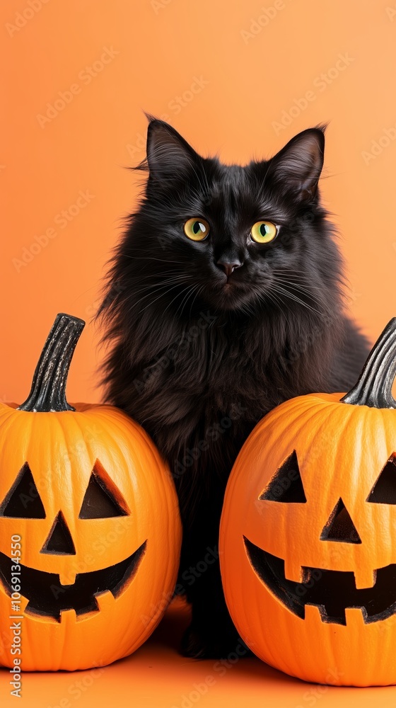 Black cat poses playfully between two carved pumpkins on a vibrant orange background for Halloween festivities Black cat poses playfully between two carved pumpkins on a vibrant orange background for Halloween festivities