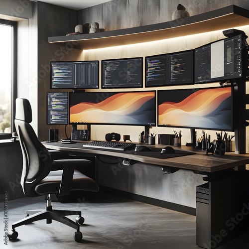 A professional workspace featuring dual monitors, an ergonomic chair, and an organized desk, designed to maximize productivity photo