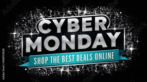 Sparkling Silver Text Cyber Monday Banner with Starry Background