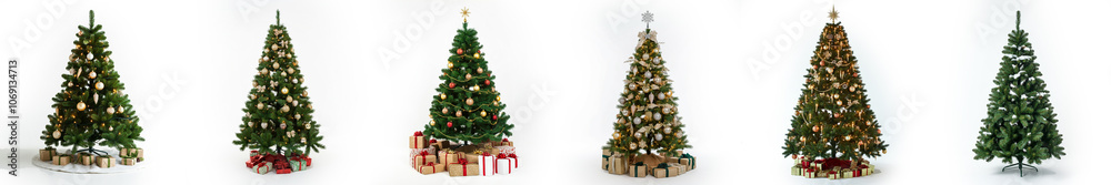 Merry Christmas Tree Set with Presents, Festive Holiday Decoration Collection, Isolated on a White Background Merry Christmas Tree Set with Presents, Festive Holiday Decoration Collection, Isolated on a White Background