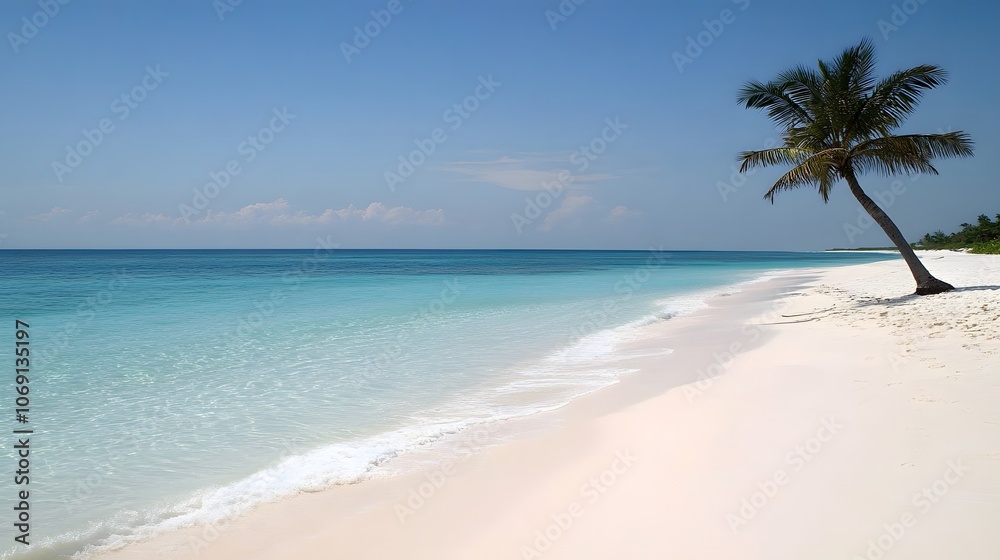 A quiet beach with soft white sand, gentle waves lapping the shore, and a palm tree leaning over the tranquil waters offers a serene tropical escape. A quiet beach with soft white sand, gentle waves lapping the shore, and a palm tree leaning over the tranquil waters offers a serene tropical escape.