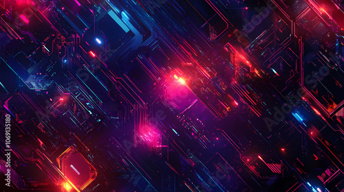 Fototapeta Naklejka Na Ścianę i Meble -  Neon gaming geometric abstract glowing cyberpunk style banner for advertising and promotion background wallpaper ai generated image. Cyberpunk. Illustration