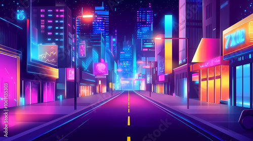 Neon-lit cyberpunk street with futuristic buildings, vibrant lights, glowing signs, and a misty ambiance in a city at night. Cyberpunk. Illustration