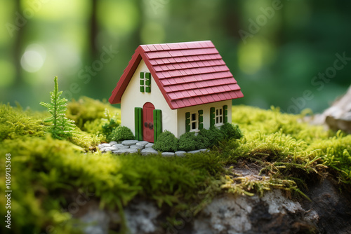 A small house with green leaves and moss in forest. Concept of energy saving with modern technology. Concept of passive house heating