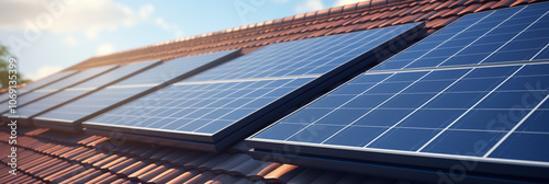 Close-up view of solar panels installed on a residential roof during a sunny day showcasing renewable energy technology