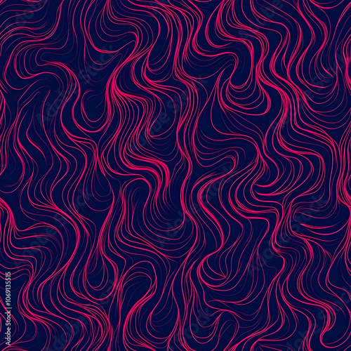 Wallpaper Mural Vector illustration, a seamless pattern of wavy lines in shades of electric pink and red on a dark indigo blue background Torontodigital.ca