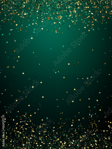A luxurious background of falling green foil confetti border with shimmering glitter dust on a rich emerald green background, ample copy space for text