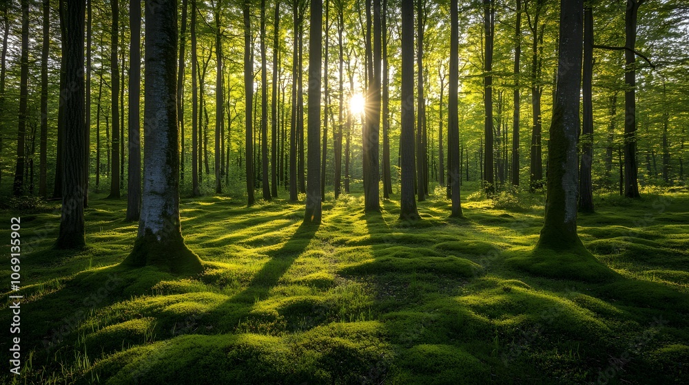 Obraz premium A quiet forest glade featuring tall trees and a soft carpet of moss, with sunlight gently filtering through the foliage, creates a serene and magical woodland atmosphere.