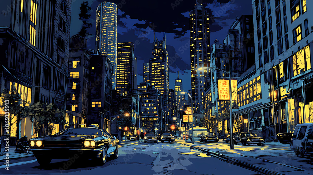 Fototapeta premium Nighttime in cyberpunk city of the futuristic fantasy world features skyscrapers, flying cars, and neon lights. digital art 3d illustration. acrylic painting. Cyberpunk. Illustration