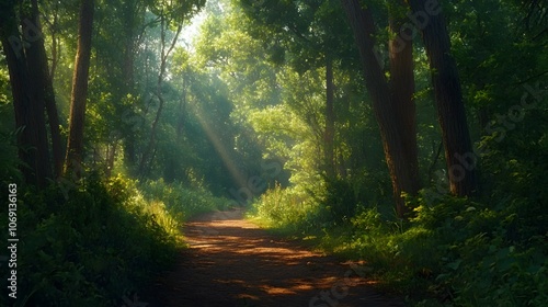 A quiet forest path flanked by tall trees, with sunlight streaming through the leaves, creating a tranquil and inviting atmosphere photo