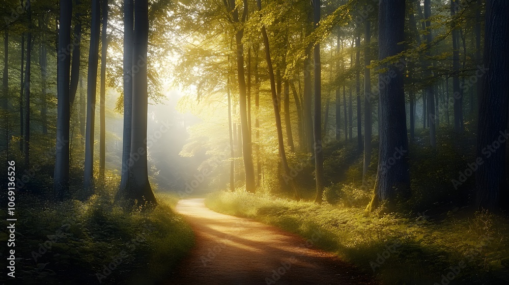Fototapeta premium A quiet forest path flanked by tall trees, with sunlight streaming through the leaves, creating a tranquil and inviting atmosphere