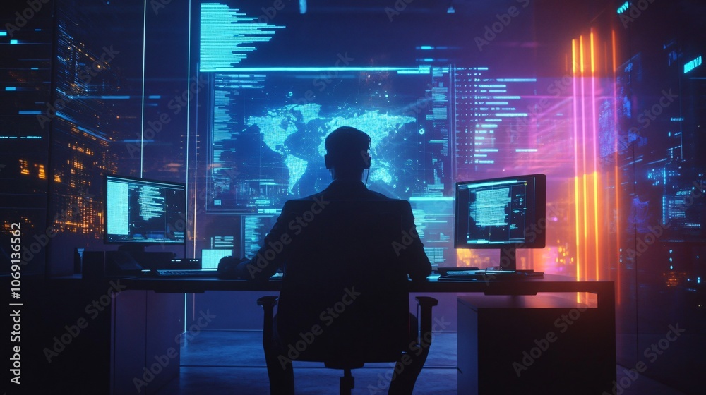 Hacker in a Dark Room with Multiple Screens and World Map