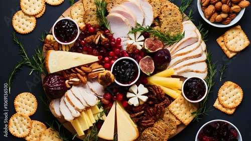 Thanksgiving-inspired charcuterie board featuring turkey breast slices, cheese wedges, fig jam, roasted nuts, and dried cranberries