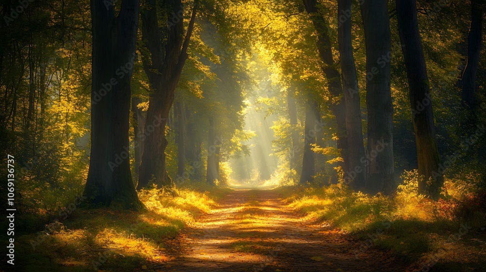 A quiet forest path flanked by tall trees, with sunlight streaming through the leaves, creating a tranquil and inviting atmosphere A quiet forest path flanked by tall trees, with sunlight streaming through the leaves, creating a tranquil and inviting atmosphere