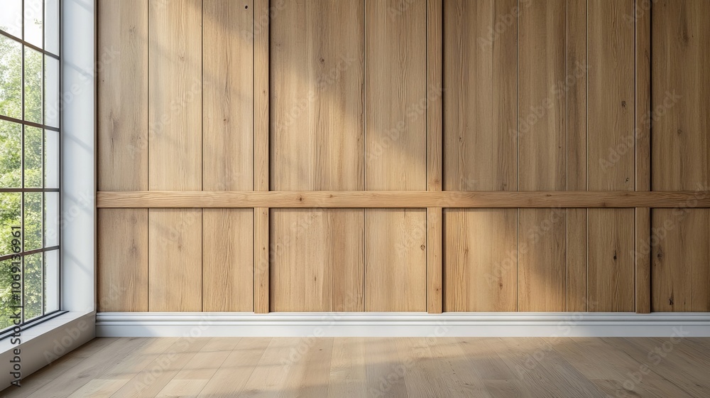 A large room with a wooden wall and a window A large room with a wooden wall and a window