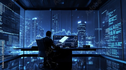 Businessman Working Late at Night in a Modern Office with City View