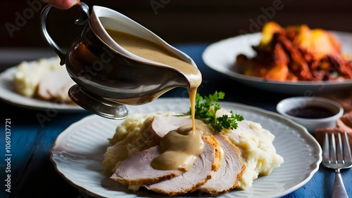 Close-Up of Gravy Being Poured over Thanksgiving Turkey and Mashed Potatoes