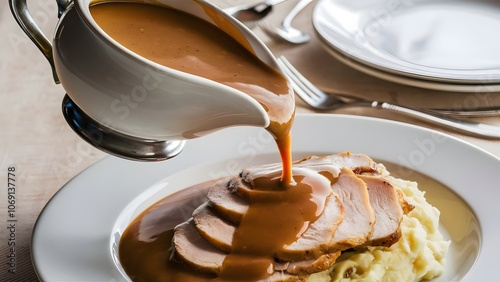 Thanksgiving Turkey with Mashed Potatoes and Savory Gravy Pouring