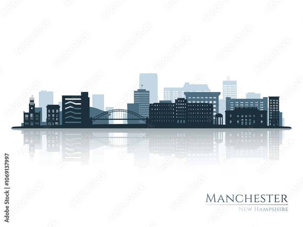 Obraz premium Manchester skyline silhouette with reflection. Landscape Manchester, New Hampshire. Vector illustration.