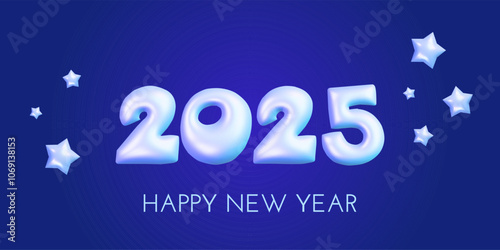 New Year 2025 shiny number. 3D inflated text for Christmas and New Year banner, card, invitation. Vector 3d realistic