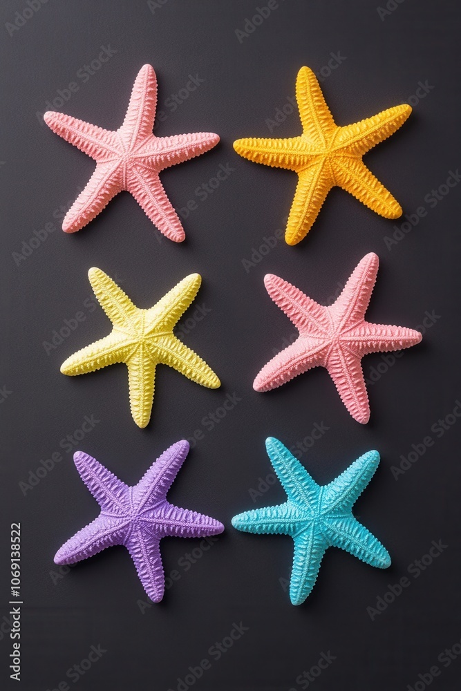 Vibrant starfish in various colors on a dark background
