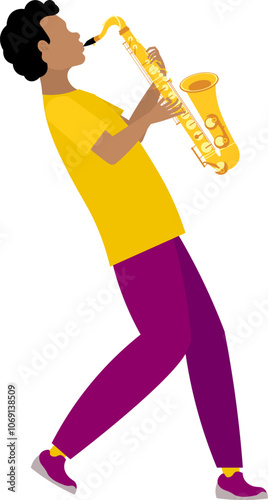 Vector people. Black musician plays music on saxophone, solo performance. Playing jazz or blues.