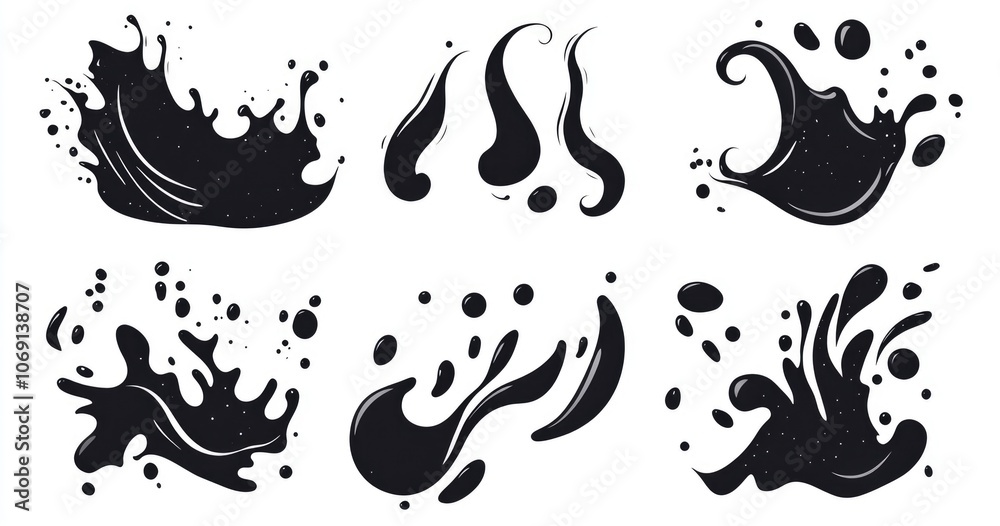Obraz premium Isolated Vector Water Drops, Swirls, and Splashes in Black, Perfect for Flat Design Projects