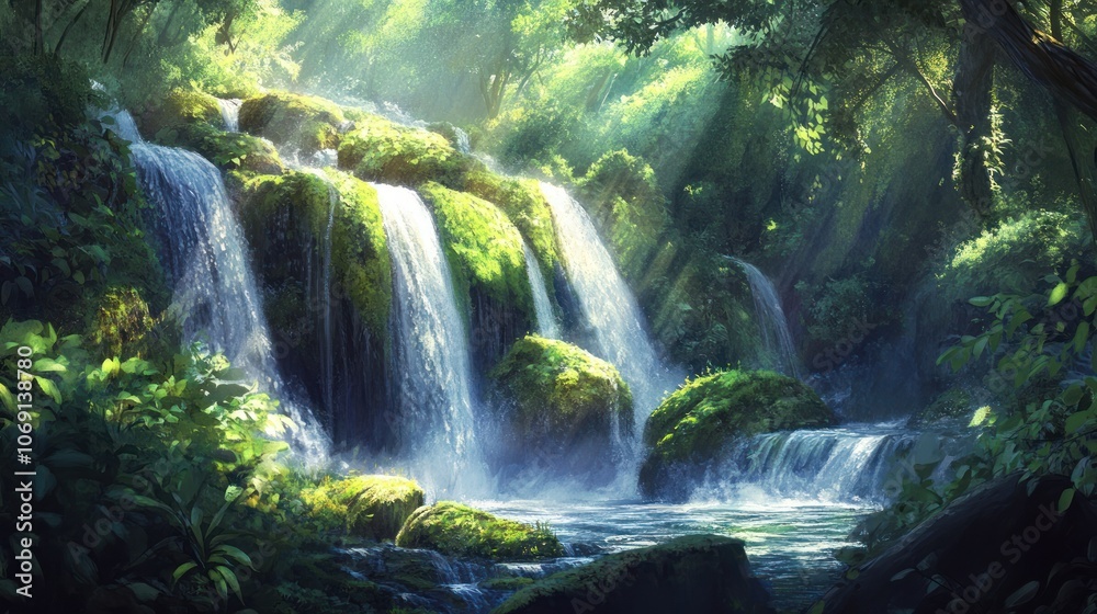 Lush green forest with a cascading waterfall and sunlight filtering through the canopy. Lush green forest with a cascading waterfall and sunlight filtering through the canopy.
