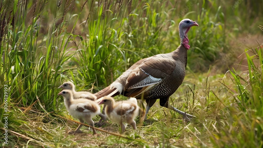 Wild Turkey and Poults Foraging in a Rural Field Wild Turkey and Poults Foraging in a Rural Field