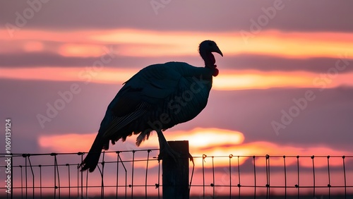 Turkey Perched on Fence in Reflective Sunset Light photo