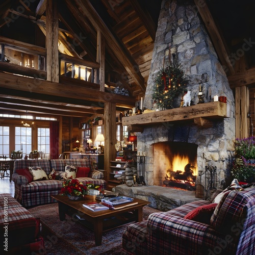 A rustic cabin living room featuring a stone fireplace, exposed wooden beams, and cozy plaid furniture. The space exudes warmth and charm with its inviting, traditional aesthetic. photo