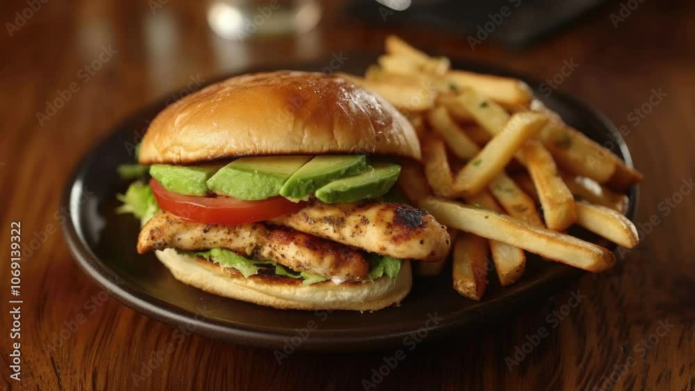 Delicious Grilled Chicken Sandwich Burger with Avocado and Tomato with French Fries on a Wooden Table Delicious Grilled Chicken Sandwich Burger with Avocado and Tomato with French Fries on a Wooden Table