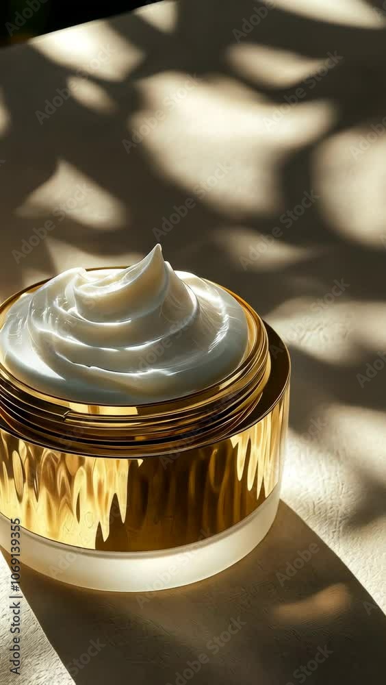 Luxurious cream application process with golden jar on a sunlit surface in a relaxing setting